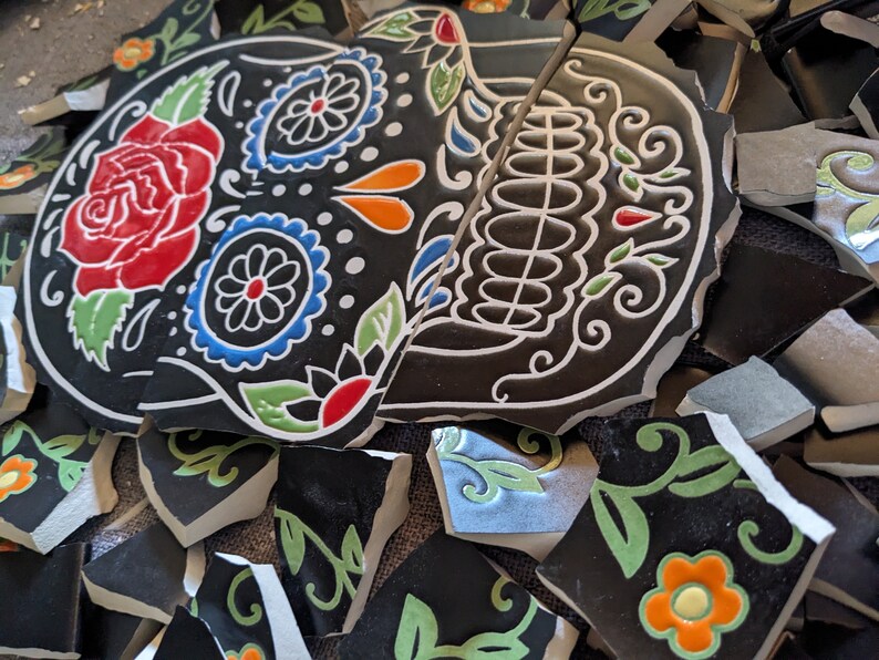 Mosaic Tiles Broken Plate Hand Cut day of the dead Skull Flowers on Black image 2