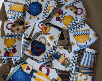 Mosaic Tiles Broken Plate Hand Cut Colorful Teapots and stripes