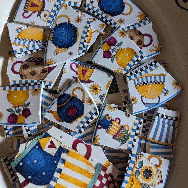 Mosaic Tiles Broken Plate Hand Cut Colorful Teapots and stripes