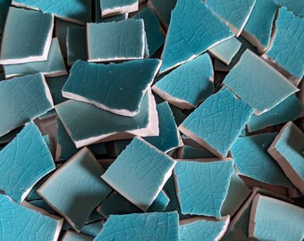 Mosaic Tiles Broken Plate Hand Cut Bright Turquoise Pottery Solid Blue Color