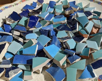 Blue Mosaic Tiles  Solid Color Mix hand cut from Broken Plates