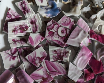 Mosaic Tiles Broken Plate Hand Cut Fine China Porcelain Mix Pink White Gold Flower