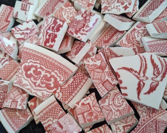 Mosaic Tiles Broken Plate Hand Cut Red Pink Willow Birds Pagodas