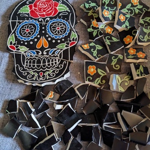 Mosaic Tiles Broken Plate Hand Cut day of the dead Skull Flowers on Black image 4