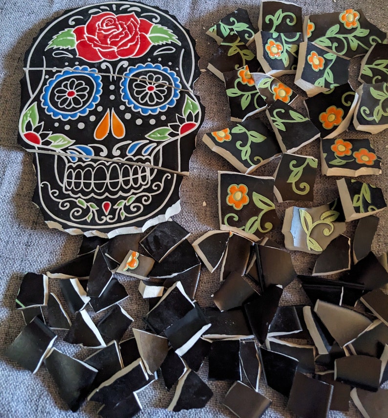 Mosaic Tiles Broken Plate Hand Cut day of the dead Skull Flowers on Black image 4