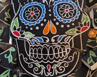 Mosaic Tiles Broken Plate Hand Cut day of the dead Skull Flowers on Black