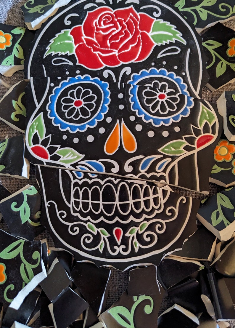 Mosaic Tiles Broken Plate Hand Cut day of the dead Skull Flowers on Black image 1