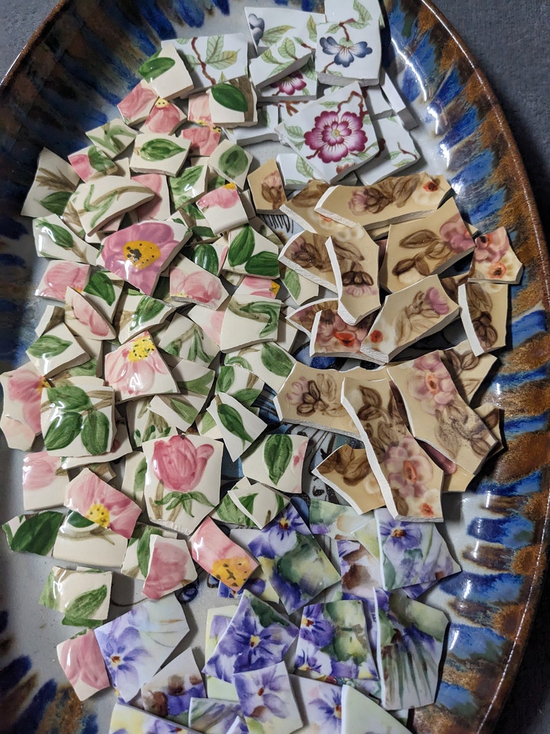 Mosaic Tiles Broken Plate Hand Cut bright Porcelain Pottery Flowers image 2