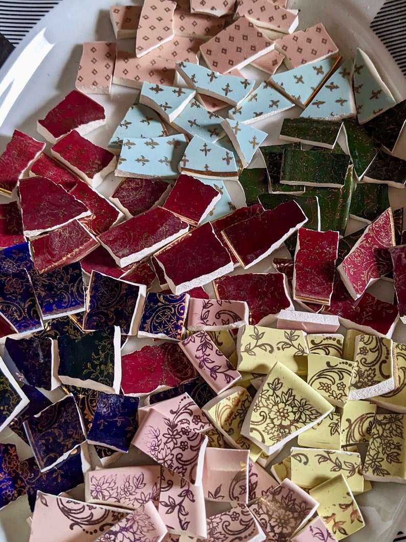 Mosaic Tiles Broken Vintage Antique Plate Pieces Lace Flower Gold image 5