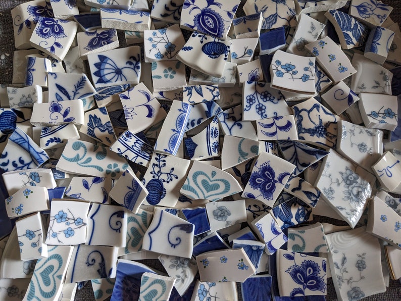 Mosaic Tiles Broken Plate Hand Cut Blue White Mix Vintage Flower image 4