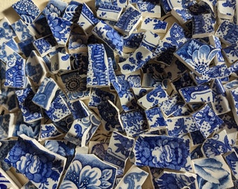 Mosaic Tiles Broken Plate Hand Cut Blue white Vintage Transfer Flower Chintz