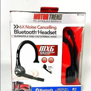 May include: A black Motor Trend Platinum Series MX6 noise-canceling Bluetooth headset. The packaging features the text "6X Noise Cancelling Bluetooth Headset" and "Eliminates 6 Times the External Noise". The headset is displayed with a red and white truck graphic.