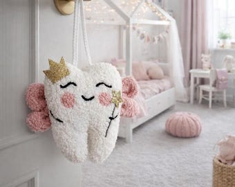 Personalized Tooth Fairy Pillow with Pocket and Pink Wings, Tooth Fairy Letter, Keepsake Baby Shower Gift, Tooth Fairy Pillow with Crown