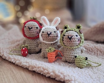 Handmade Mini Capybara Cotton Toy, Stuffed Crochet Capybara, Cute Capybara in Strawberry Hat, Capybara in Frog Hat