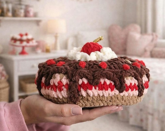 Cherry cake Pillow Crochet – Handmade Plush Dessert Cushion for Nursery or Gift