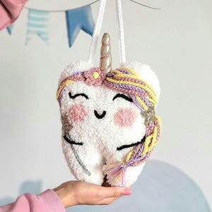 Almofada de fada do dente personalizada, almofada de dente de unicórnio com bolso e nome personalizado, presente de fada do dente para crianças, suporte de dente mágico