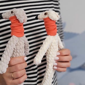 May include: Two plush dog toys. One is light gray, the other is white. Both have orange neckbands and black eyes. The toys are held up against a background with a whale design.