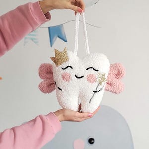 Almofada personalizada de fada do dente com bolso, carta de fada do dente, presente de lembrança de chá de bebê, almofada de fada do dente com coroa