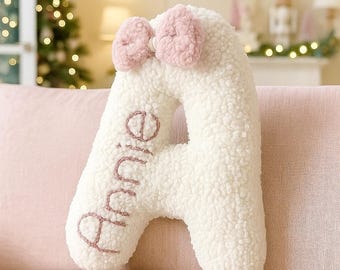 Letter Pillow with bow | Personalized Teddy Fabric Initial Cushion with Name & Bow | Soft Nursery Decor