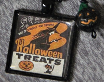One Inch Square Halloween Pendant Necklace Black Ball Chain and Jack-O-Lantern bead