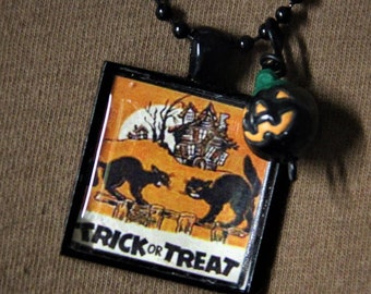 One Inch Square Halloween Pendant Necklace Black Ball Chain and Jack-O-Lantern bead