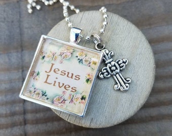 Jesus Lives Pendant with Cross Charm