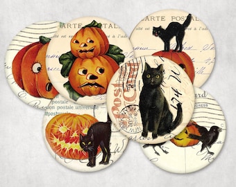 Set of six Halloween Pin Back Buttons or Magnets