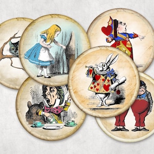 Vintage Look Alice in Wonderland Pin Back Buttons or Magnets