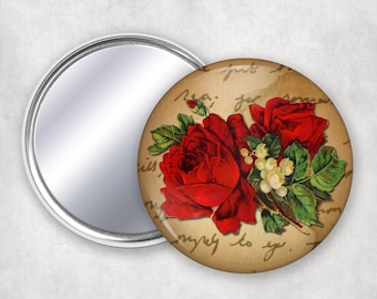 Hand Mirror for Makeup Red Roses and Baby's Breath