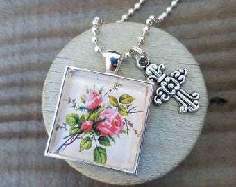 Lovely Rose Bouquet Pendant and Chain with Cross Charm