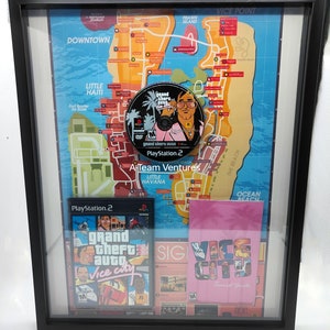 Grand Theft Auto Vice City GTA PlayStation PS2 - pochette, disque, manuel, carte encadrée shadowbox jeu vidéo d'arcade rétro gamer art mural décoration d'intérieur