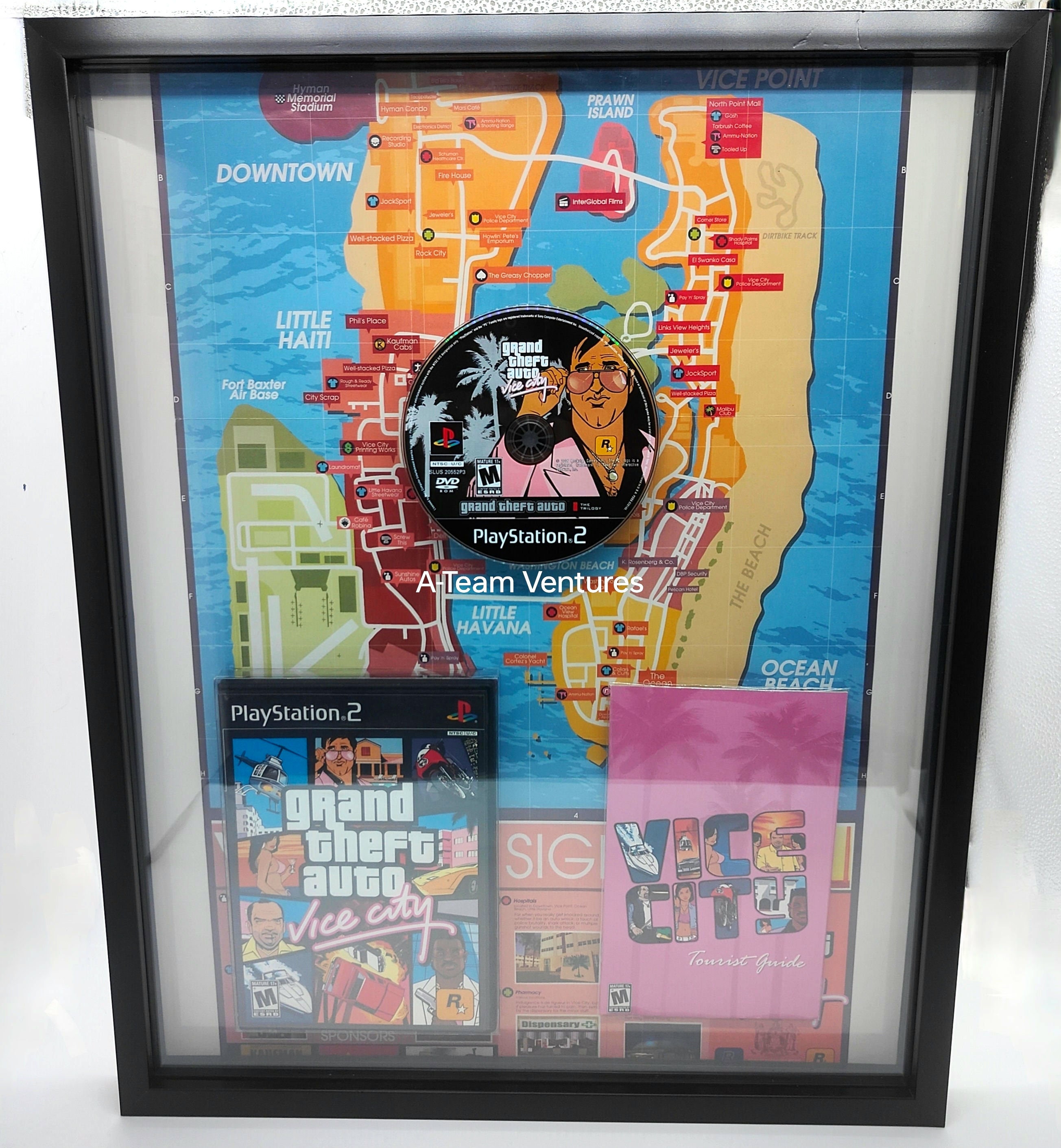 Grand Theft Auto Vice City GTA PlayStation PS2 - cover, disc, manual, map framed shadowbox retro arcade video game gamer wall art home decor