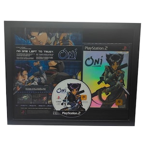 Oni PS2 Rockstar videogame with vintage print ad - case and disc framed shadowbox retro video game wall art arcade game room home decor