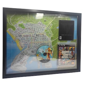 Grand Theft Auto 5 GTA5 - disque, manuel et étui encadrés avec carte de Los Santos shadowbox jeu d'arcade rétro art mural gamer décoration d'intérieur