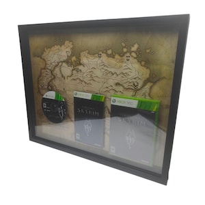 Elder Scrolls Skyrim Xbox360 - disque, manuel et étui encadrés avec carte Skyrim shadowbox jeu vidéo d'arcade rétro gamer art mural décoration d'intérieur