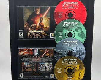 Star Wars Knights of the Old Republic KOTOR framed video game shadowbox w/ case inlays discs retro RPG PC wall art gamer nerdy home decor