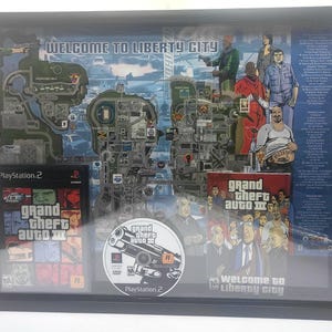 Grand Theft Auto 3 GTA PlayStation PS2 - pochette, disque, manuel, carte encadrée shadowbox jeu vidéo d'arcade rétro gamer art mural décoration d'intérieur