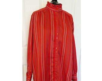 Vintage Levi Strauss Blouse Red Stripedf Shirt Long Sleeves Ruffled Neck Fine Quality Made in USA Equestrian Cowgirl style Sze XL