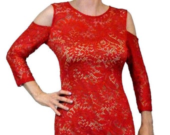 Bisou Bisou Red Lace Dress, Cold Shoulder Bodycon, Size 6