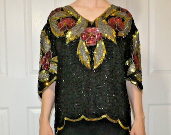 Vintage Pure SILK Top Black Beaded Pink Gold Sequins India Bollywood Holiday BoHo Festival Party Women size L