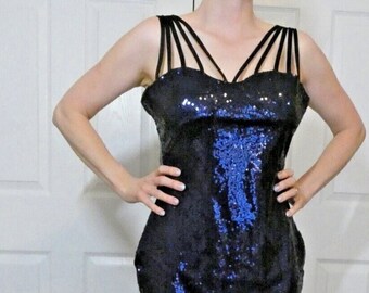 Vintage Vamp Dress Blue Sequins Sexy Prom Goth Cocktail Party Petite Size SP