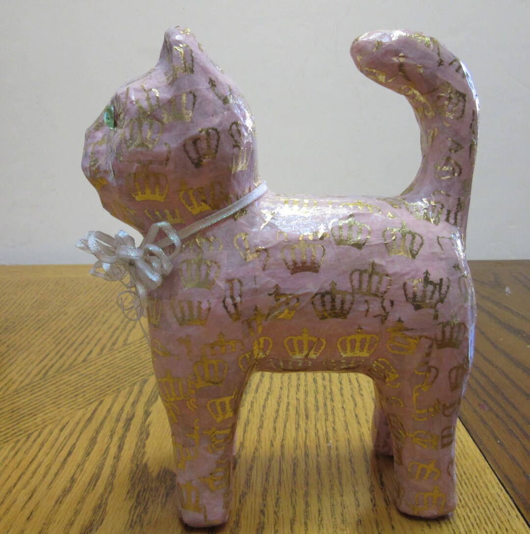 Decoupage Pink Cat with Gold Crowns Paper Mache Princess Etsy.de