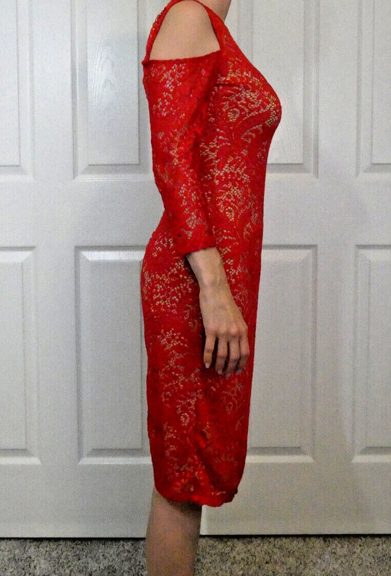 Bisou Bisou Red Lace Dress, Cold Shoulder Bodycon, Size 6 Bisou Bisou Red Lace Dress, Cold Shoulder Bodycon, Size 6