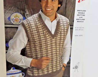 Pattern VEST Vintage Emu Double Knitting Worsted Weight Wool Yarn Pullover Sleeveless Men Sweater Multiple Sizes