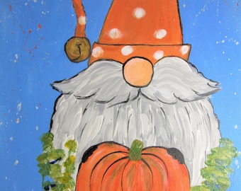 Gnome Painting, Artist pumpkin Picture, Original Acrylic Artwork, 20" x 16", Signed, Authentic, Housewarming, OOAK Gift, Pumpkin, Halloween