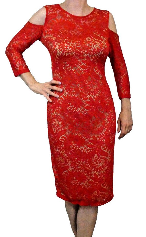 bisou bisou red lace dress Bisou Bisou Red Lace Dress, Cold Shoulder Bodycon, Size 6