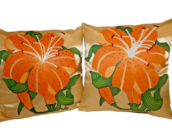 Set of 2 Satin Pillows Hand Painted with Orange DayLily Fabric for Couch/Bed Vintage Give for a Holiday Gift