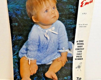 Pattern Baby Dress Vintage Knitting Emu 4 Ply Wool Yarn 1970 Contest Winner DIY Make a gift Christmas, Newborn, Child Birthday Present