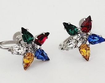 Kramer Star Earrings Screw Back RARE Australian Crystal Vintage Antique Multicolor Retro 1950s