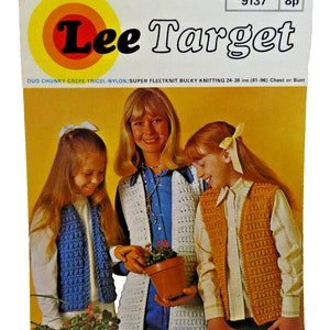 May include: A crochet pattern booklet featuring three women wearing crocheted vests. The booklet is titled "Lee Target" and has the number "9137" and "8p" printed on the cover. The pattern is for a "Duo Chunky Crepe Tricel-Nylon/Super Fleetknit Bulky Knitting" vest, and the size is 24-38 inches (61-96) chest or bust.